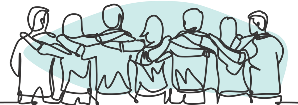 ilustración de un grupo de personas que permanecen unidas por el brazo y miran en la misma dirección