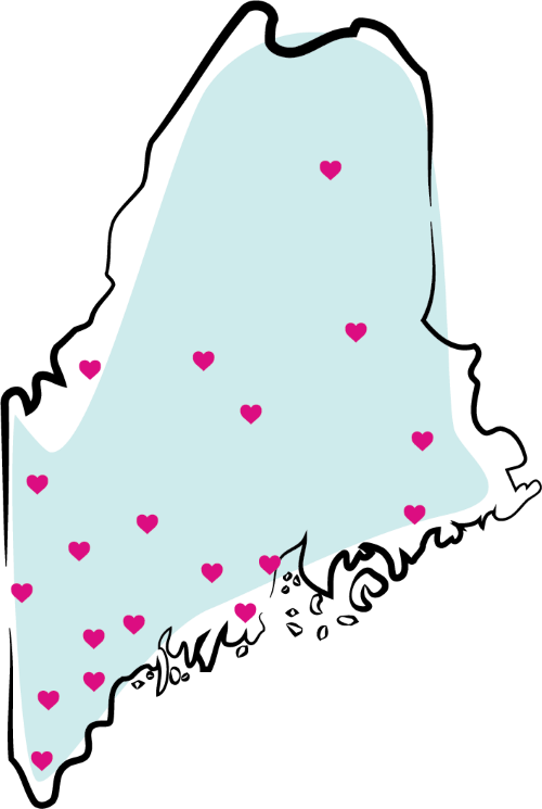 illustration of hearts, representing local OPTIONS Liaisons, sprinkled over a map of the state of Maine